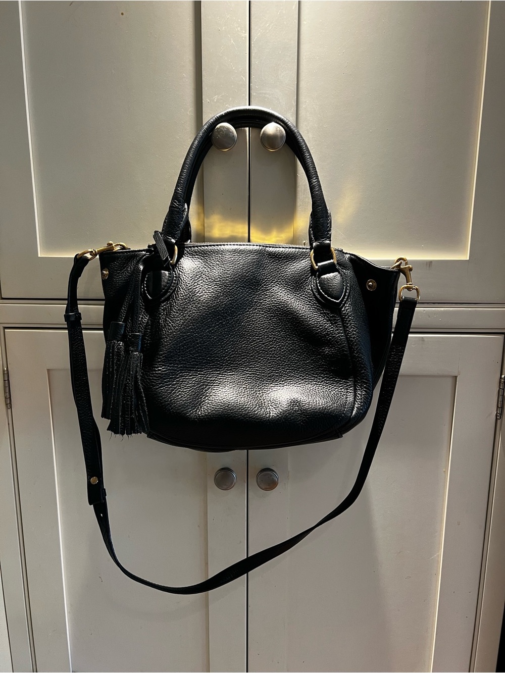 J. Crew Black Pebbled Leather Satchel with Tassel and detachable strap